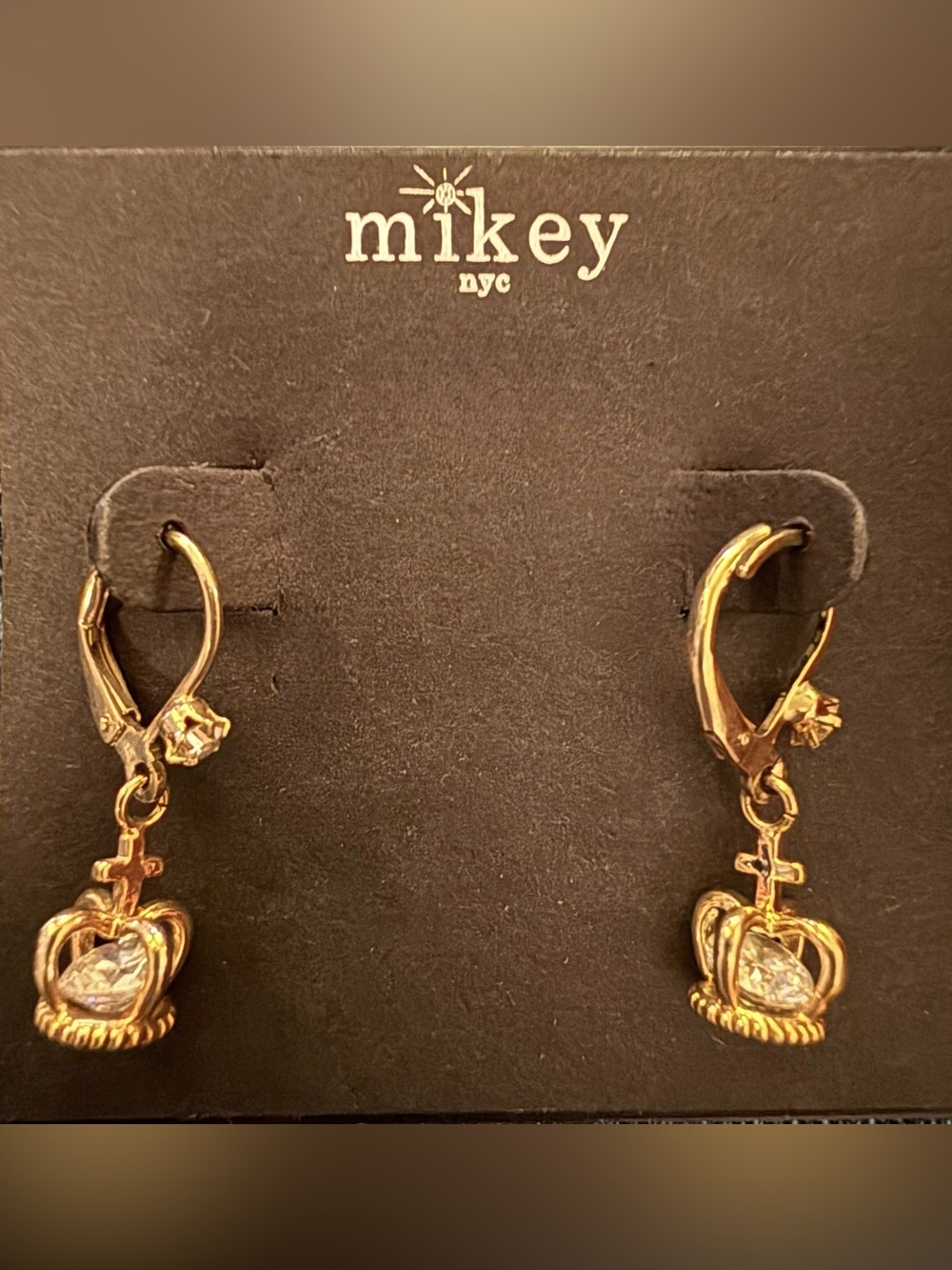 Mikey NYC by Gennaro Gold Crown Dangle Earrings with a Clear Stone